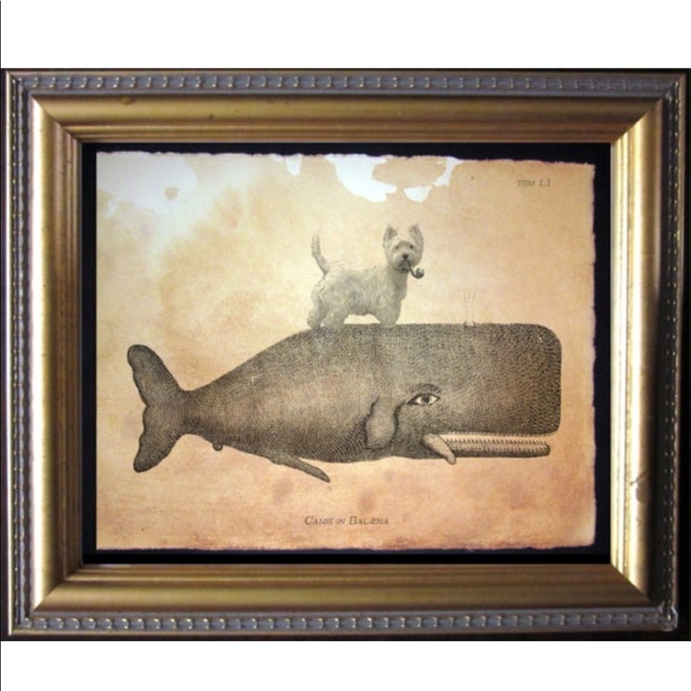Westie Dog on Whale Wall Art Print Tea Stained